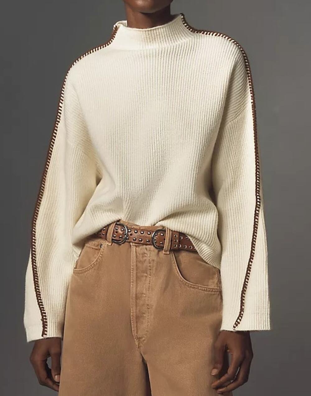 Anthropologie Long Sleeve Mock-Neck Whipstitch Pullover Sweater Cream XS